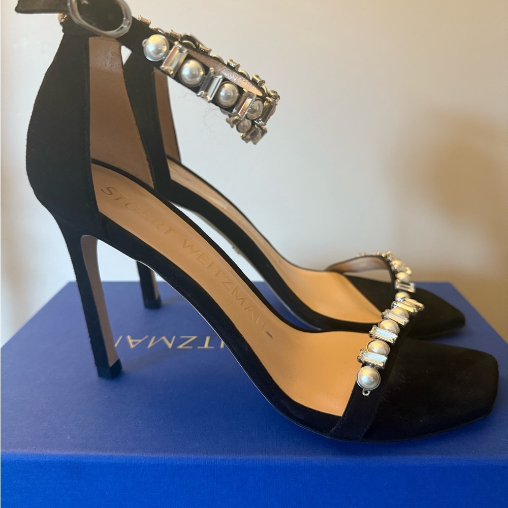 Stuart Weitzman Black Heels with Pearl and Gem Accents